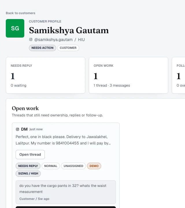 Samikshya Gautam's Jimmaa customer profile with open work and customer context