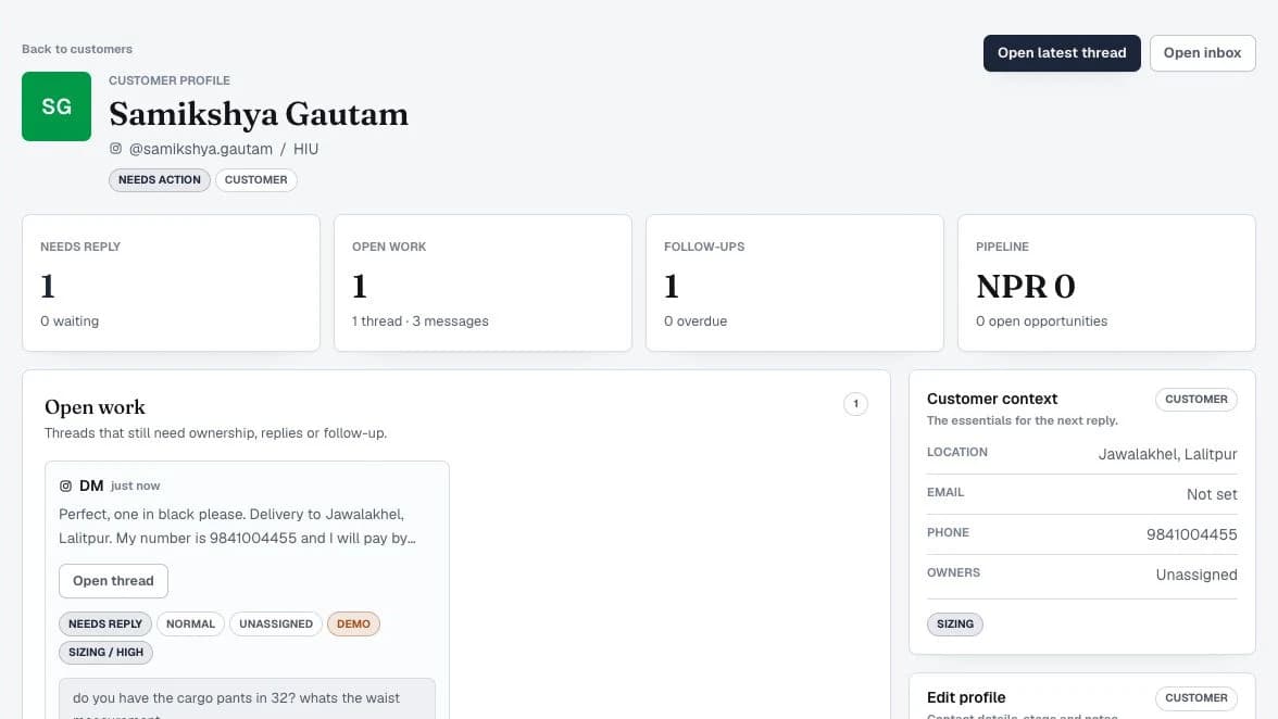 Samikshya Gautam's Jimmaa customer profile with open work and customer context