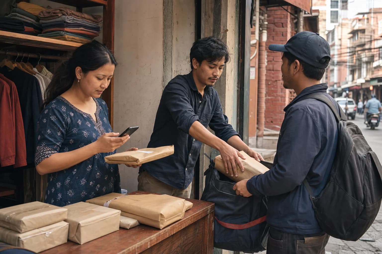 A Nepali clothing shop team handing customer parcels to a courier