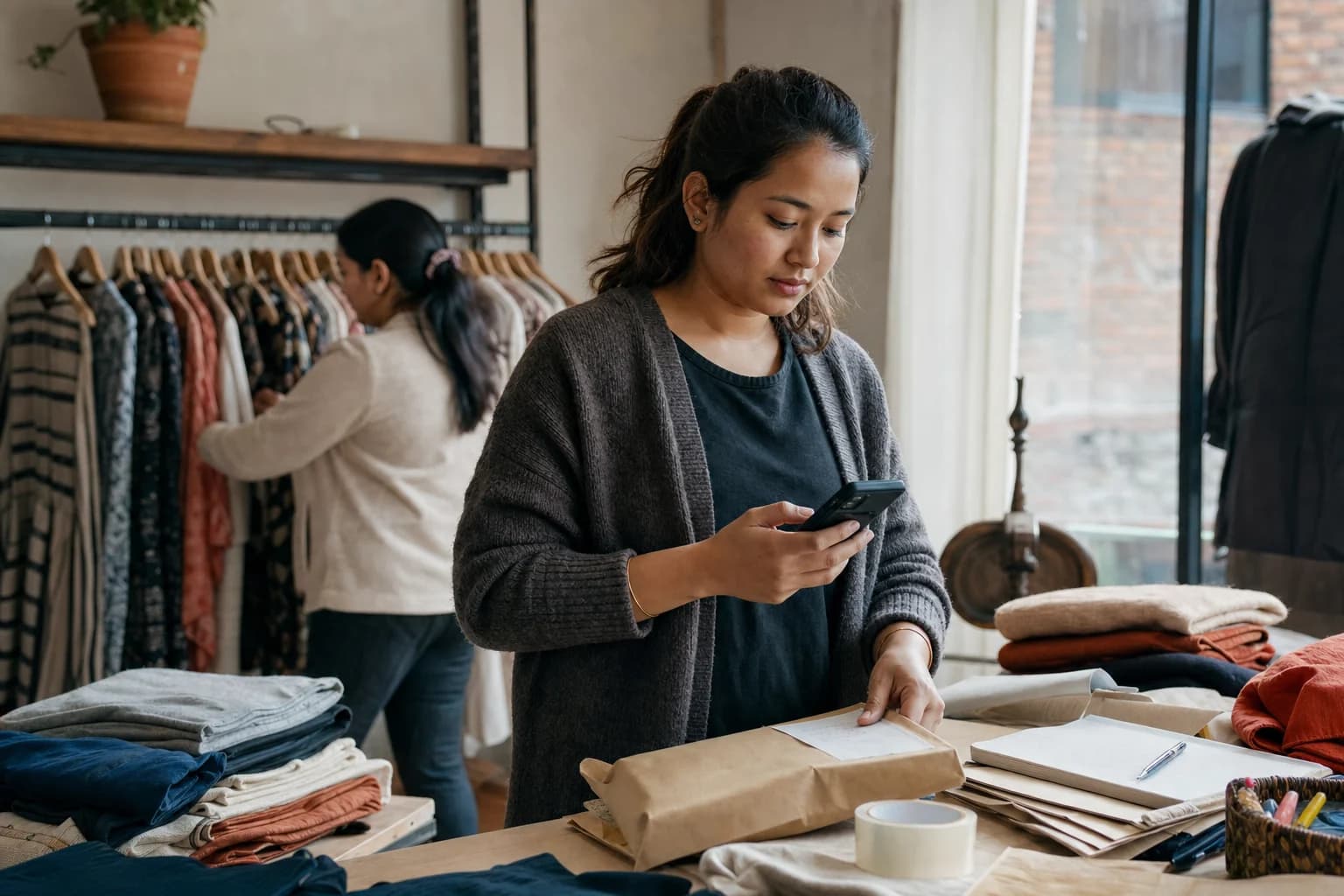 A Nepali clothing seller checking a customer message while packing an order